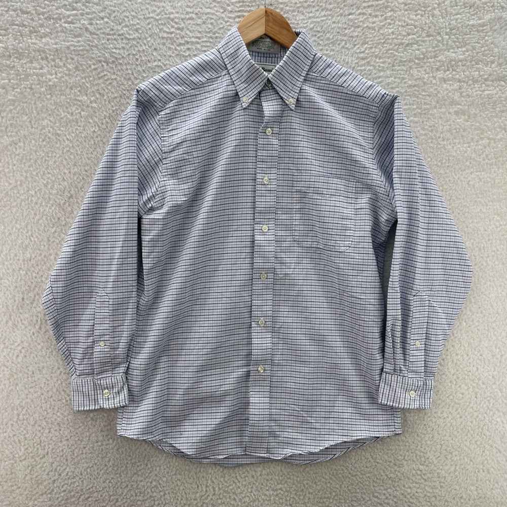 Vintage LL Bean Shirt Mens 15 32 Blue Plaid Oxford OCBD Preppy Casual Office